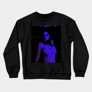 Portrait, digital collage, special processing. Disturbed woman, looking on us. Beautiful. Blue and violet. Crewneck Sweatshirt